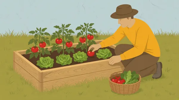 Illustrated gardener harvesting fresh vegetables from a finished raised bed
