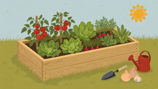 Illustrated wooden raised bed full of tomatoes, lettuce, carrots and radishes, with a watering can, a trowel and a bright sun