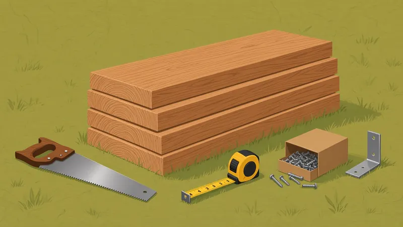 Illustrated stack of cedar boards with a hand saw, tape measure and screws