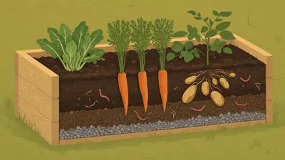 Illustrated soil cross-section showing layers of topsoil and compost with carrots, potatoes and earthworms
